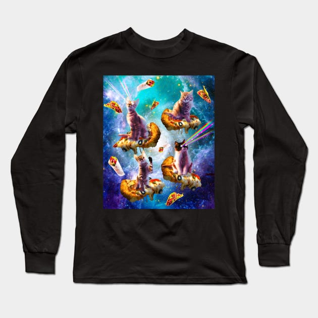 Outer Space Cats With Rainbow Laser Eyes Riding On Pizza Long Sleeve T-Shirt by Random Galaxy